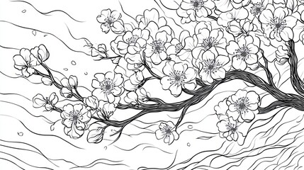 Fototapeta premium Elegant Black and White Cherry Blossom Line Art with Flowing Water Background