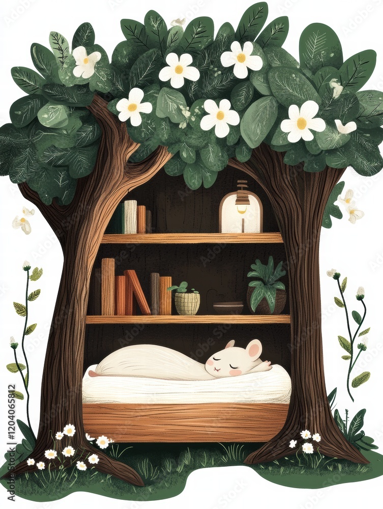 Aufkleber cozy woodland nook with a sleeping creature surrounded by books and plants in a serene environment. 