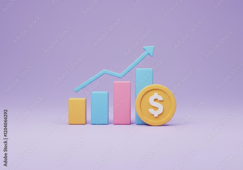 Aufkleber a 3d illustration of a bar chart with three colorful bars increasing in height with a gold coin