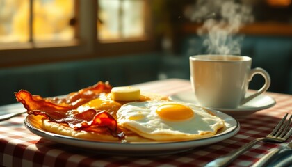 A delicious breakfast with sunny side up eggs, bacon, butter and hot coffee on a table
