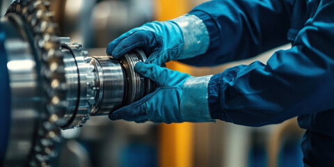 An engineer is focused on repairing turbine components in an industrial facility. Wearing protective gloves, they meticulously handle intricate mechanics while ensuring safety and precision.