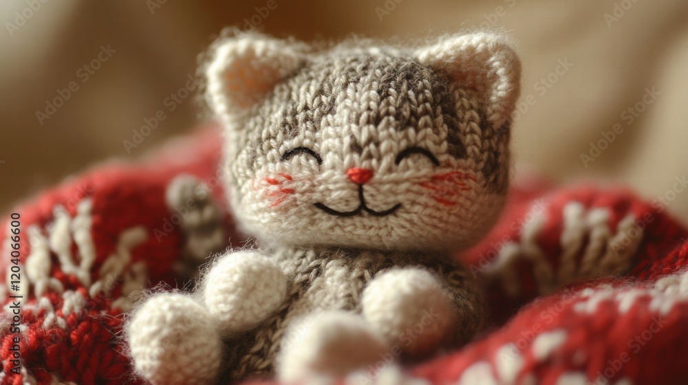 Poster cute knitting creation of a smiling cat figure resting on a cozy blanket indoors during daylight. ge