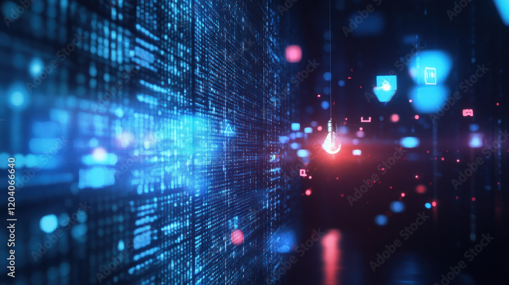 Poster a glowing light bulb hangs over a backdrop of flowing digital data streams. the vibrant colors creat