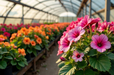 Greenhouse with  color petunia flowers. Petunia flowers for sale