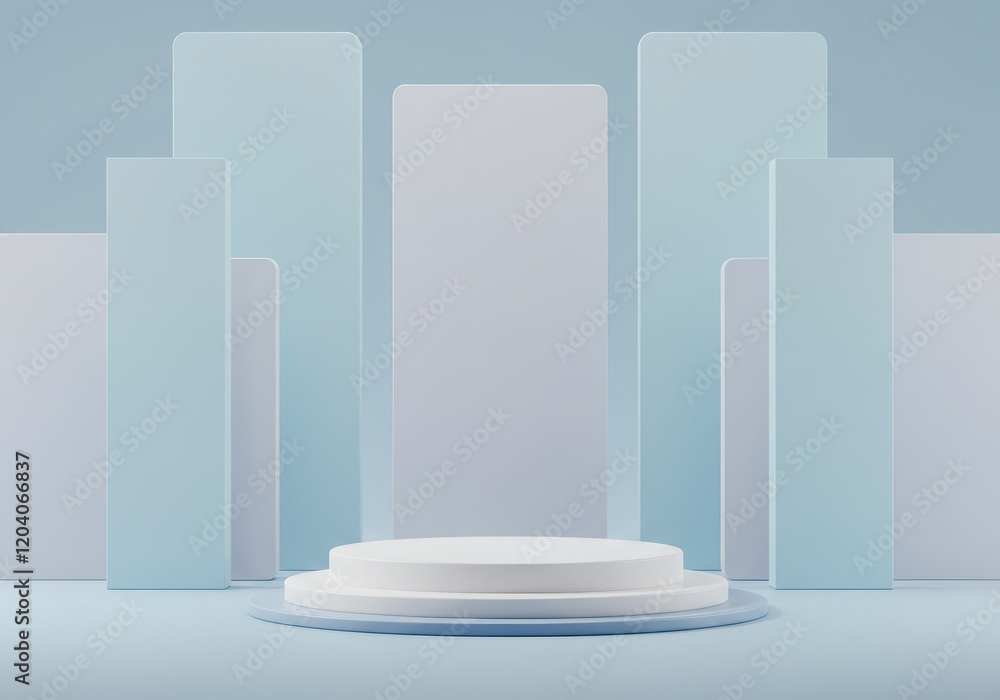 Poster a 3d minimalist design of a white circular podium surrounded by large rectangular panels in a gradie