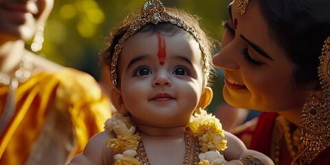 Adorable Baby Krishna with Yashoda and Nanda Divine Indian Art