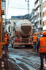 Fototapeta premium Workers operating a concrete mixer truck at a busy urban site