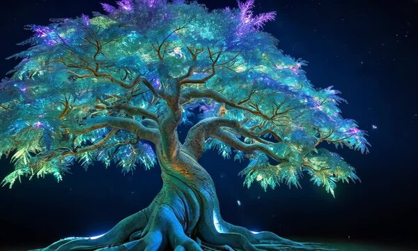 Magic tree of life, sacred symbol. Personal individuality, prosperity and growth concept. Yggdrasil tree from norse mythology. 3D animation