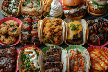 A vibrant assortment of grilled meats, burgers, and tacos displayed on colorful paper liners, ideal for restaurant menus or food blogs