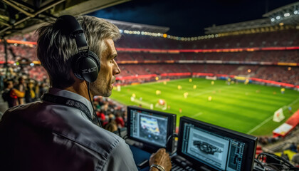 Commentator watching football game from press box in stadium