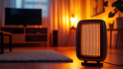 A modern electric small space heater radiates warm light in a cozy living room during the evening hours. The soft glow enhances the inviting atmosphere, illuminating the space.
