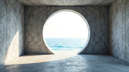 Serene Coastal View Through a Circular Concrete Aperture in a Minimalist Room