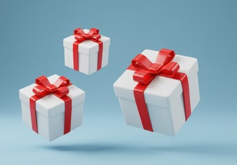 Obraz premium A 3D illustration of three floating gift boxes with red ribbons and bows, set against a soft blue background
