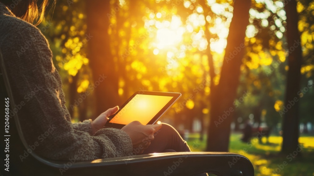 Poster person enjoys warm sunlight on a park bench while using a tablet during a peaceful afternoon. genera