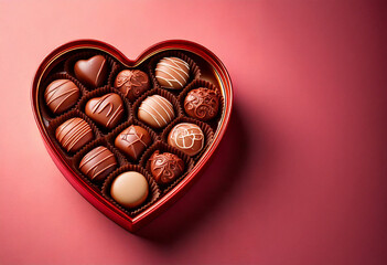 Heart shaped box overflowing with delicious chocolates for valentine's day
