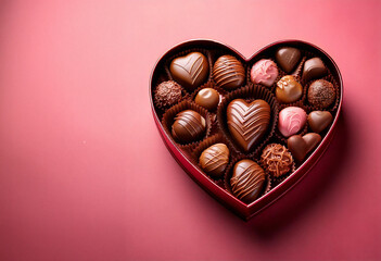Heart shaped box overflowing with assorted chocolates on pink background