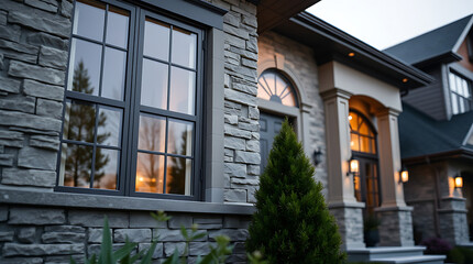 Luxury Home Exterior: Stone Facade, Modern Design, Evening Light