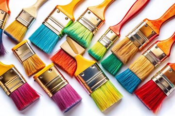 Used Paint Brushes, DIY Home Repair, Brushstrokes Pattern, White Background Stock Photo