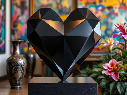 Modern black geometric heart sculpture on a table with vases and colorful art background. - Powered by Adobe