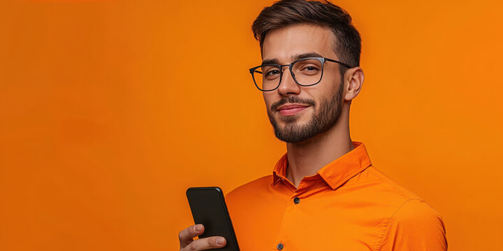 Startup founder holding smartphone and smiling on orange background