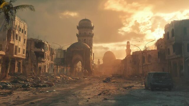 Destroyed modern city buildings in ruin view, war concept, apocalyptic landscape motion animation background