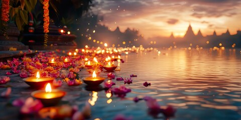 Spiritual Serenity Holy Ganga River Illuminated with Diyas and Flowers
