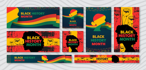Black history month celebration Instagram story and web banner set. February awareness social media post banner, Large website banner and poster set. African american heritage and cultural patterns.
