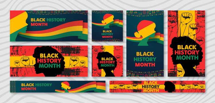 Black history month celebration Instagram story and web banner set. February awareness social media post banner, Large website banner and poster set. African american heritage and cultural patterns.