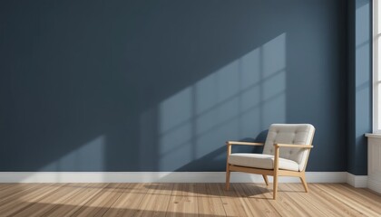A tranquil room features a light-colored armchair beside a bright window. Soft shadows dance across the blue wall as gentle sunlight pours in, creating a serene atmosphere perfect for relaxation