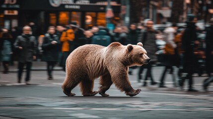 Obraz premium A bear walks through the city in a crowd of busy people.