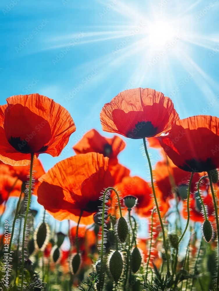 Aufkleber bright red poppies basking under a clear blue sky on a sunny spring day with sunlight filtering thro