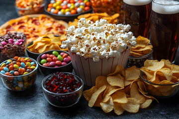 A Colorful Spread of Movie Night Snacks Including Popcorn, Chips, Candy, Pizza, and Beer