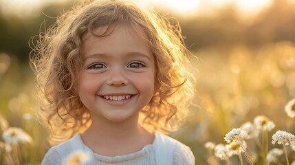 Smiling girl enjoying a sunny day in a flower field