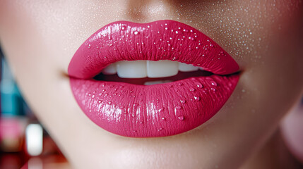 Obraz premium The lips of a woman wearing bright pink lipstick
