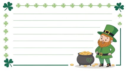 Fototapeta premium A cheerful leprechaun is positioned next to a pot overflowing with gold coins. The background features minimalist decorations, emphasizing a festive Irish theme filled with shamrocks