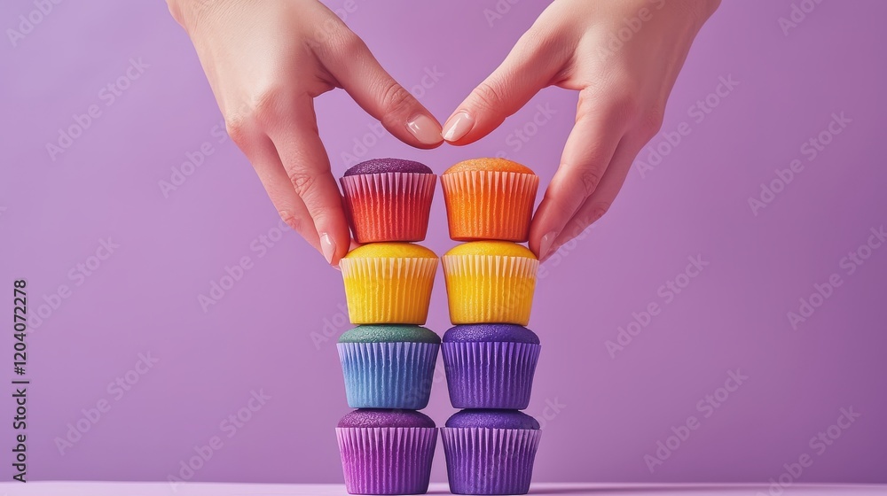 Poster hands arranging colorful cupcakes in a creative display on a purple background