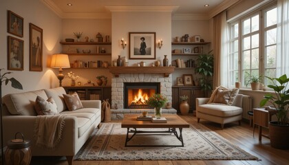 A beautifully arranged living space features a glowing fireplace, plush furniture, and tasteful decor, creating a tranquil setting for relaxation in the evening
