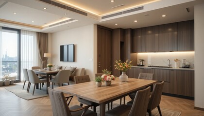 Fototapeta premium A stylish urban apartment features a warm dining area with a wooden table and soft furnishings, inviting natural light through large windows with city views