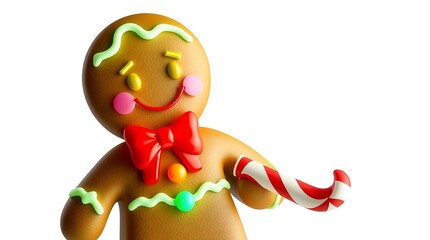 Cheerful Gingerbread Man with Candy Cane Festive Christmas Treat 3D Render