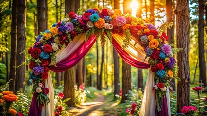 Fototapeta premium Vibrant Bohemian Wedding Arch in Serene Forest: Colorful Flowers & Textiles