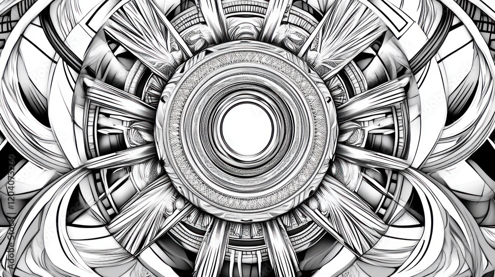 Aufkleber intricate black and white abstract design with circular patterns and geometric shapes