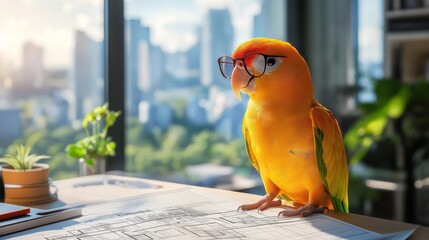 A parrot perched on a desk covered in architectural blueprints, wearing tiny glasses, modern office setting with a large window overlooking a cityscape
