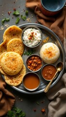 A top view image of a delicious South Indian platter with various dishes