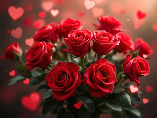 Obraz premium Bouquet of red roses with heart-shaped bokeh on red background.