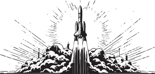  Vector Illustration of a Rocket Launching into Space - Outline Art