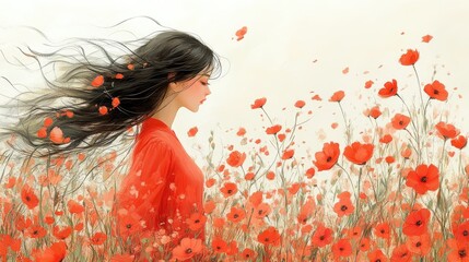 Naklejka premium Young woman in a flowing red dress standing amidst a vibrant field of red poppies on a serene day