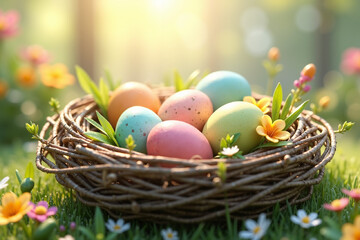 Obraz premium A nest of colorful Easter eggs in nature among flowers and green grass
