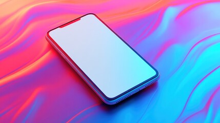 Smartphone mockup, vibrant background, neon waves, app display, digital marketing
