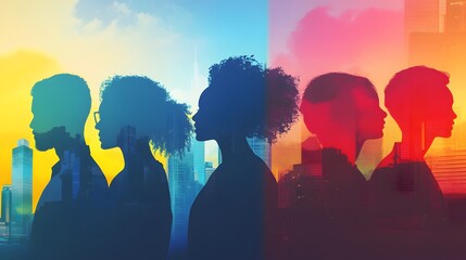 Silhouetted figures facing forward against a cityscape backdrop