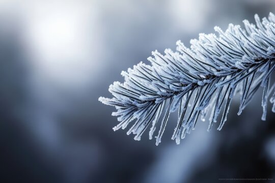 Frost-covered pine needles glisten in the soft winter light, a serene winter scene.